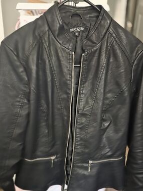 Baccini Black Leather Bomber Jacket with Silver Zippers